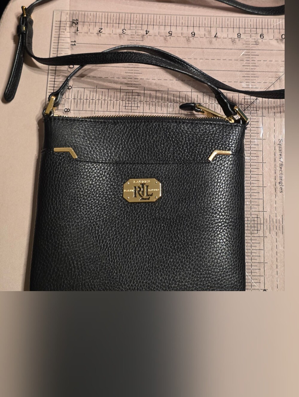 Lauren Ralph Lauren Black Pebbled Leather Crossbody with Gold Hardware Accent